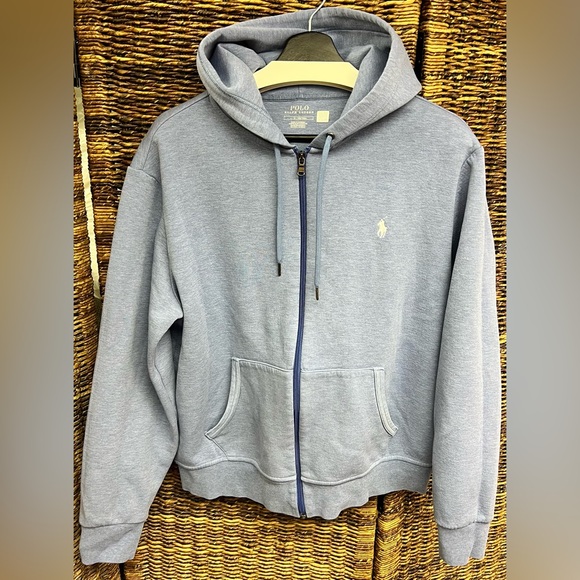 Polo by Ralph Lauren Blue Double Knit Full Zip-Up Hooded Sweatshirt-Large